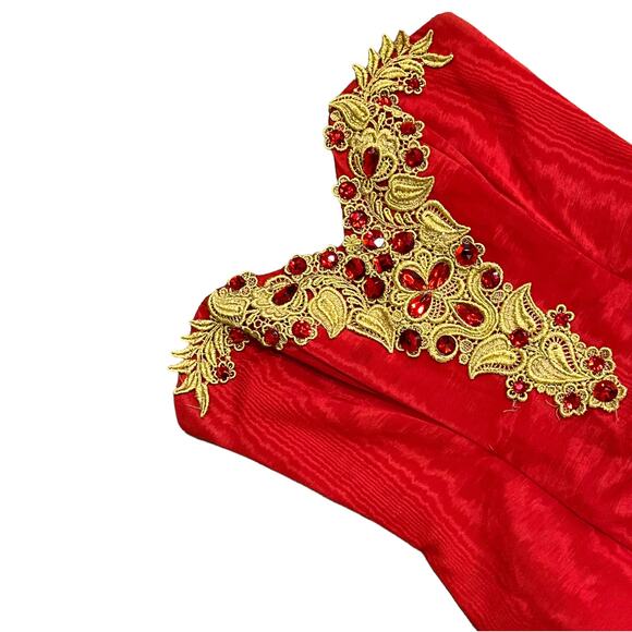 Jessica McClintock Gunne Sax Red Strapless Mini Dress with Gold Lace - Size 3/4 - Picture 12 of 16